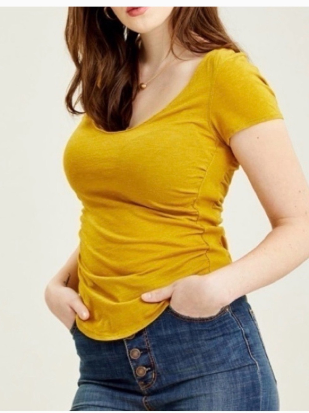 Free People Mustard Scoop Neck Short Sleeve Top